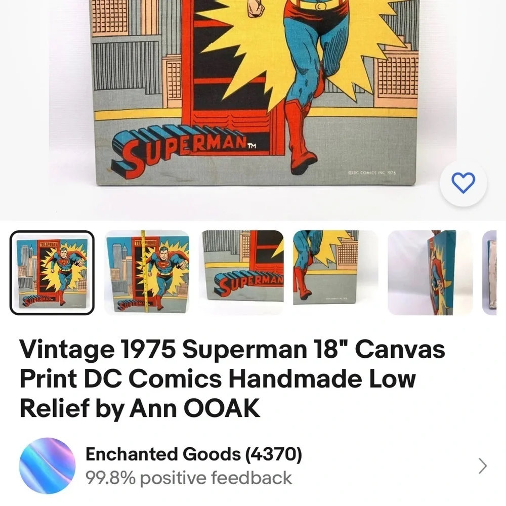 1975 Rare Vintage Superman DC Fabric Wall Hanging Comic Book Picture Red Yellow